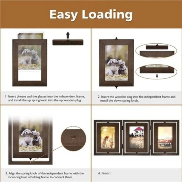 4x6 Picture Frame Rustic Wood Hinged Folding Triple Picture Frames Collage - Picture 7 of 7